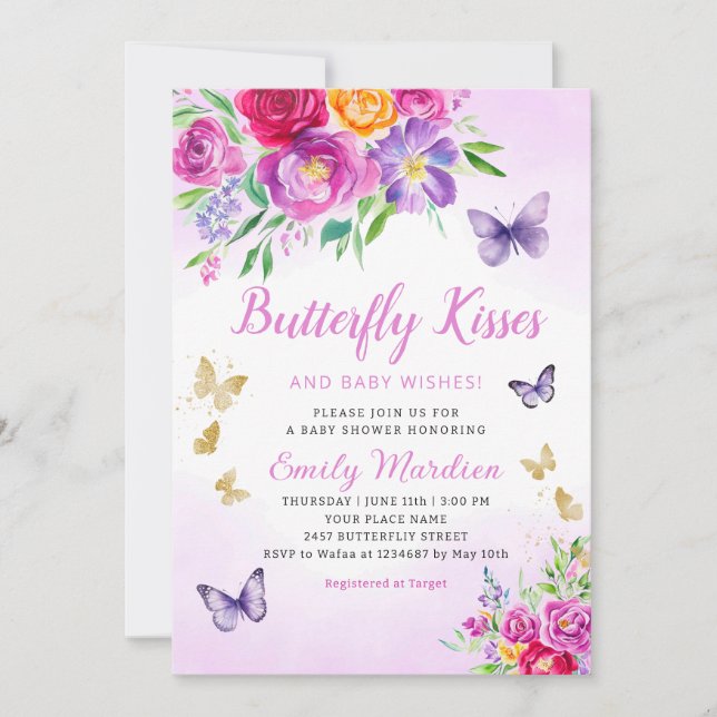 Lila Blommigt Butterfly Kisses Girl Baby Shower Inbjudningar (Framsida)