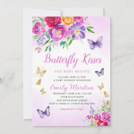 Lila Blommigt Butterfly Kisses Girl Baby Shower Inbjudningar