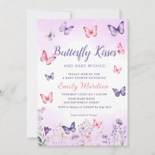 Lila Blommigt Butterfly Kisses Girl Baby Shower Inbjudningar