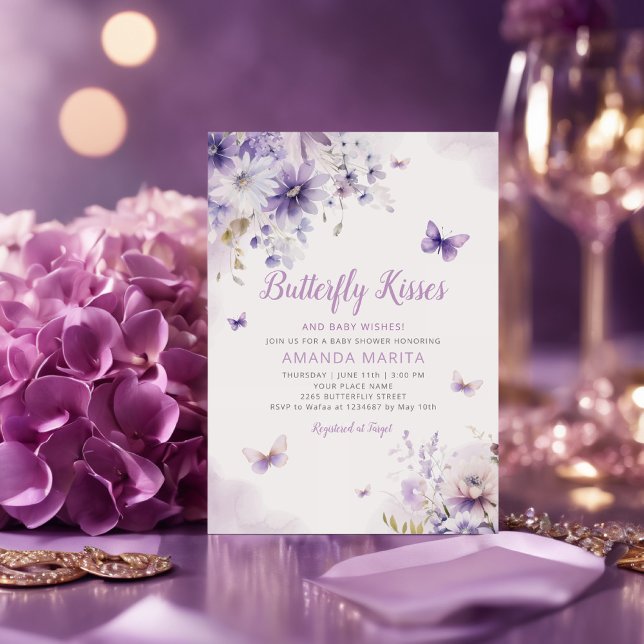 Lila Blommigt Butterfly Kisses Girl Baby Shower Inbjudningar (Skapare uppladdad)