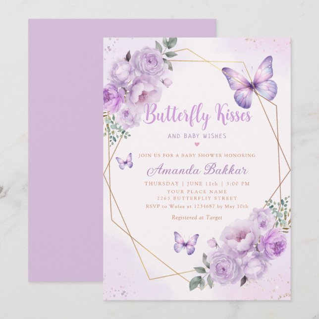 Lila Blommigt Butterfly Kisses Girl Baby Shower Inbjudningar (Fram/baksida)