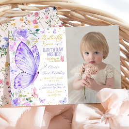 Lila Blommigt Butterfly Kisses och Birthday Önskem Inbjudningar