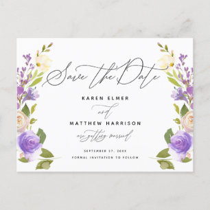 Lila Blommigt Calligraphy Save Date Meddelande Vykort
