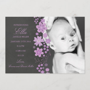 Lila Blommigt chalkboard Birth Notice Meddelande