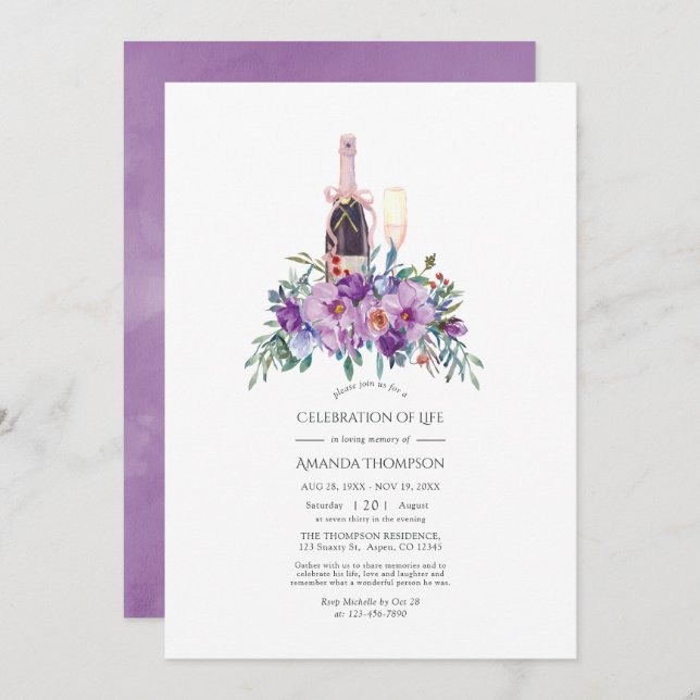 Lila Blommigt Champagne Firande of Life Photo Inbjudningar (Fram/baksida)