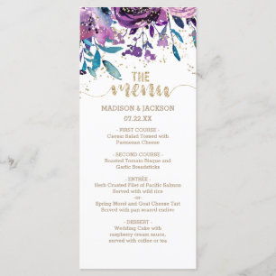 Lila Blommigt Champagne Guld Confetti Bröllop Menu Meny