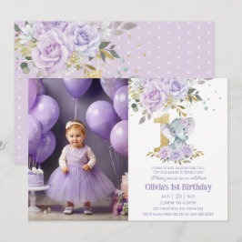 Lila Blommigt Cute Elephant 1:a födelsedagsfoto Inbjudningar