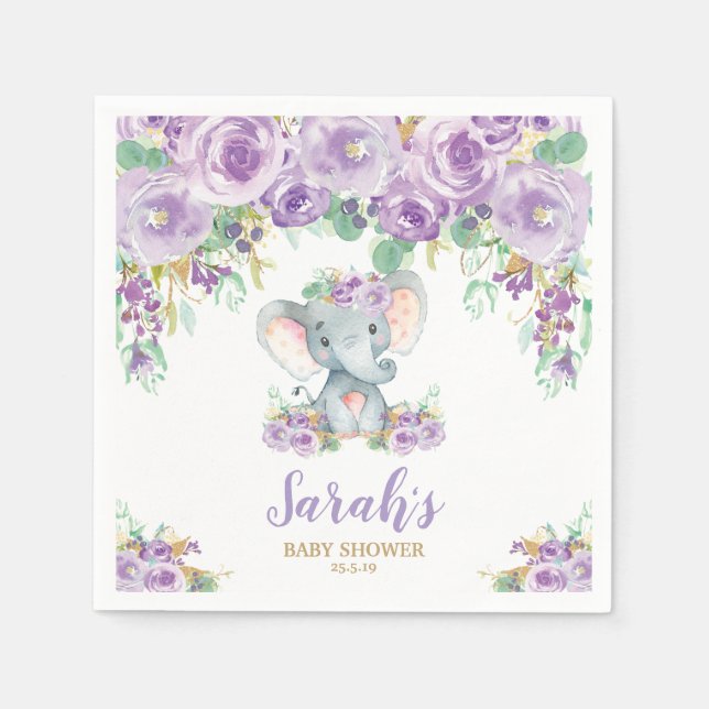 Lila Blommigt Cute Elephant Baby Shower Flicka Pappersservett (Framsidan)