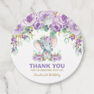 Lila Blommigt Cute Elephant Birthday Tack Gåvor Etiketter