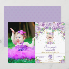 Lila Blommigt Cute Llama Birthday Flickfoto Inbjudningar