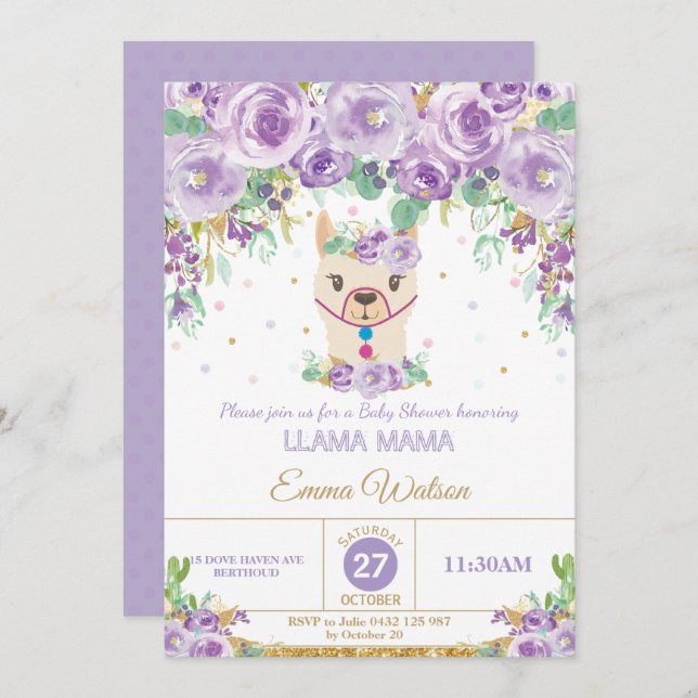 Lila Blommigt Cute Llama Mamma Baby Shower Girl Inbjudningar (Fram/baksida)