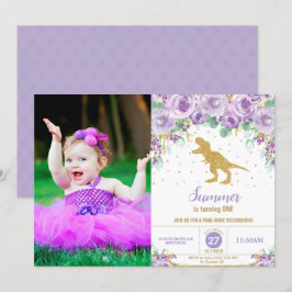 Lila Blommigt Dinosaur Birthday Girl T-Rex Photo Inbjudningar