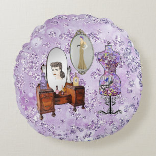 Lila Blommigt Dress Form & Dresser Bokeh Bling Rund Kudde