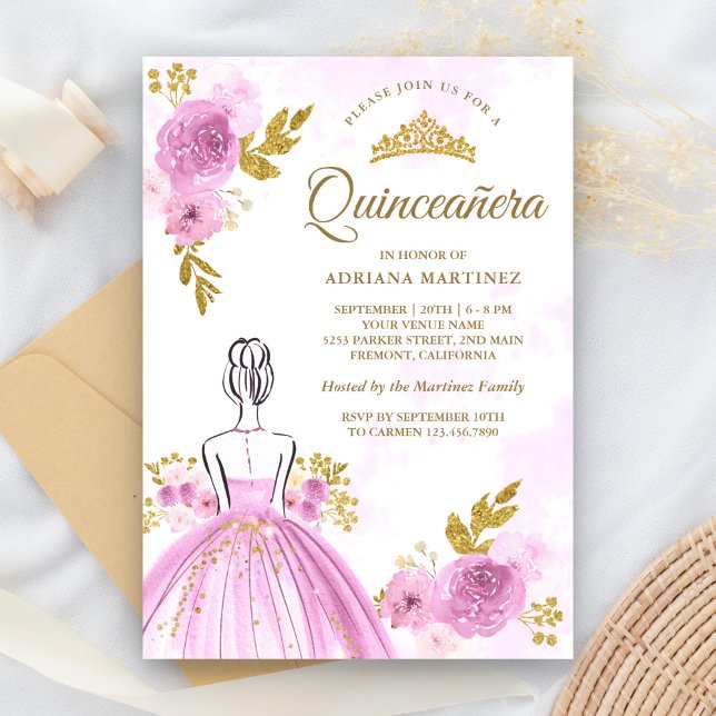 Lila Blommigt Dress Princess Guld Quinceanera Inbjudningar (Skapare uppladdad)