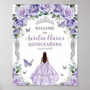 Lila Blommigt Dress Quinceañera Vintage Silver Poster