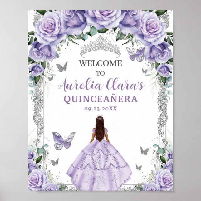 Lila Blommigt Dress Quinceañera Vintage Silver Poster (Framsidan)