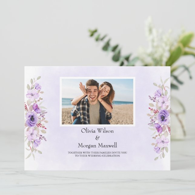 Lila Blommigt Elegance Bröllop spara datum Inbjudningar (Stående Fram)