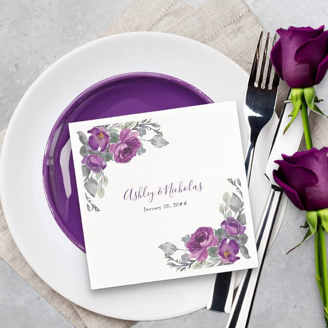 Lila Blommigt Elegant Botaniska Bröllop Napkins Pappersservett (Elegant purple floral napkins from my Plush Purple Wedding Collection )