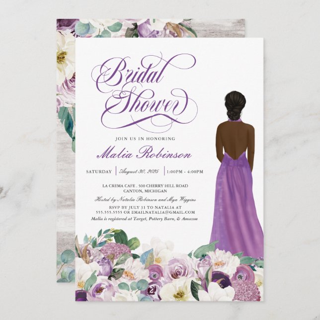 Lila Blommigt Elegant bröllop Gown Möhippa Inbjudningar (Fram/baksida)