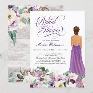 Lila Blommigt Elegant bröllop Gown Möhippa Inbjudningar