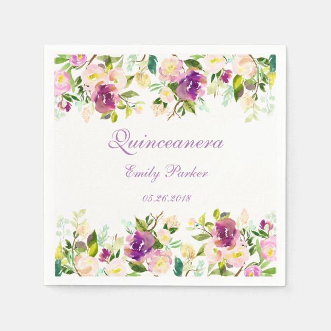 Lila Blommigt Elegant Quinceanera Napkin Pappersservett (Framsidan)