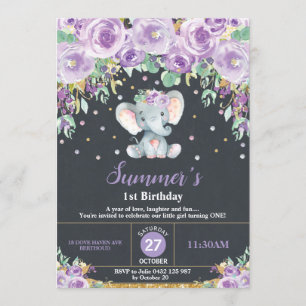 Lila Blommigt Elephant 1st Birthday Chalkboard Inbjudningar