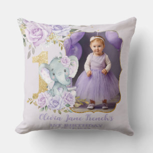 Lila Blommigt Elephant 1st Birthday Photo Keepsak Kudde