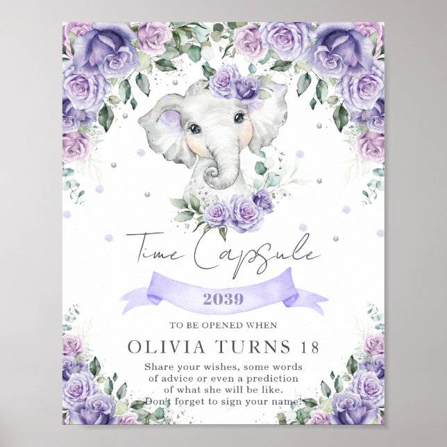 Lila Blommigt Elephant 1st Birthday Time Capsule Poster (Framsidan)