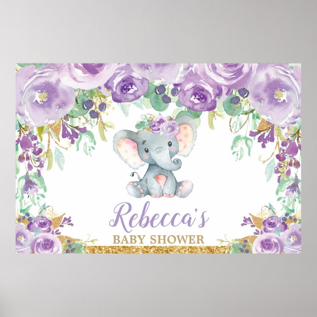 Lila Blommigt Elephant Baby Shower-bakgrund Poster (Framsidan)