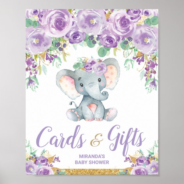 Lila Blommigt Elephant Baby Shower Cards Gifts Poster (Framsidan)