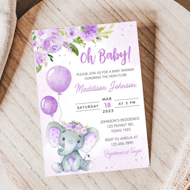 Lila Blommigt Elephant Baby Shower Inbjudningar (Purple Floral Elephant Balloon Baby Shower Invitation
)