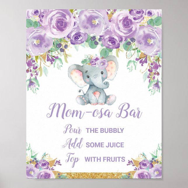 Lila Blommigt Elephant Baby Shower Momosa Pub Sign Poster (Framsidan)