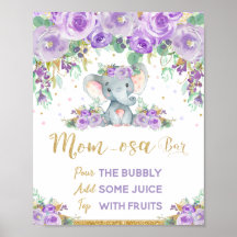 Lila Blommigt Elephant Baby Shower Momosa Pub Sign