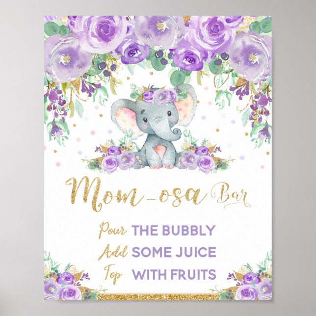 Lila Blommigt Elephant Baby Shower Momosa Pub Sign Poster (Framsidan)