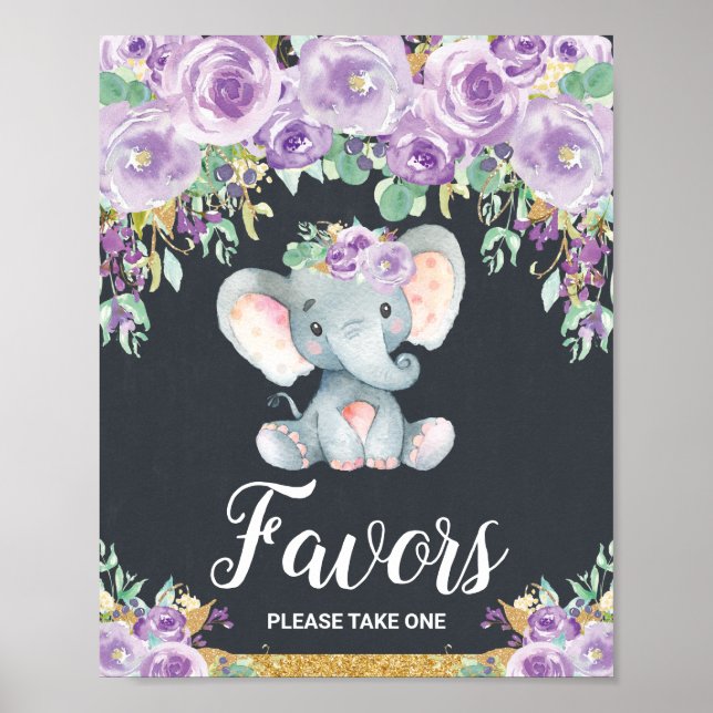 Lila Blommigt Elephant Baby Shower Party favors Poster (Framsidan)