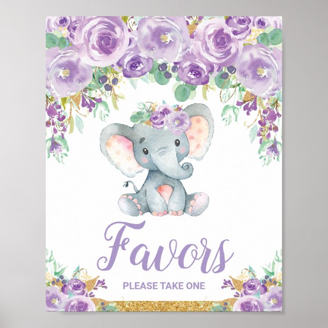 Lila Blommigt Elephant Baby Shower Party favors Poster (Framsidan)