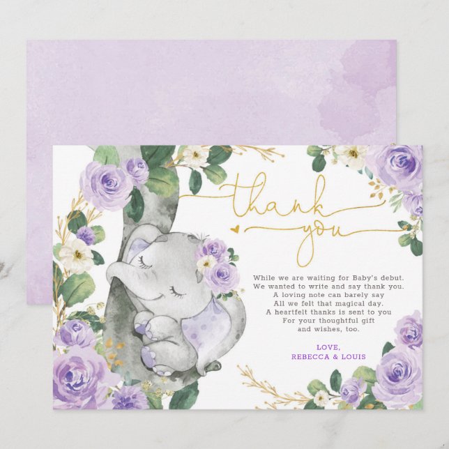 Lila Blommigt Elephant Baby Shower Tack för ditt k Inbjudningar (Fram/baksida)