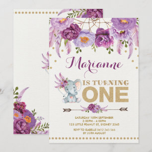Lila Blommigt Elephant Boho Birthday-inbjudan Inbjudningar