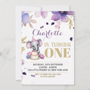 Lila Blommigt Elephant Boho Birthday Inbjudningar
