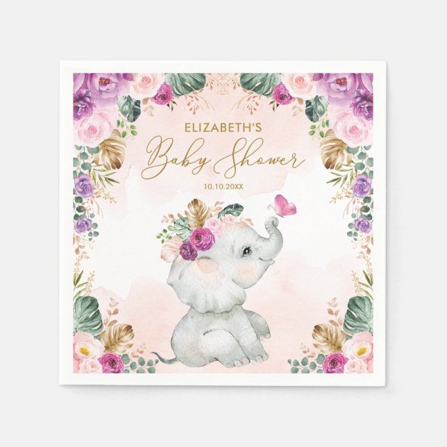 Lila  Blommigt Elephant Girl Baby Shower Pappersservett (Framsidan)