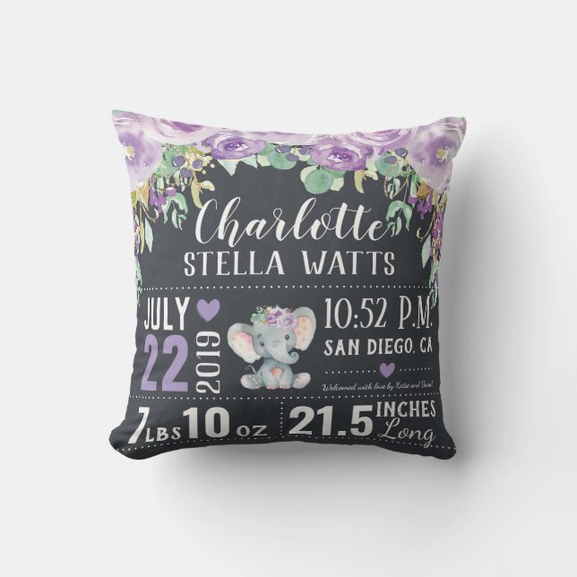 Lila Blommigt Elephant Nyfödd bebis Girl Birth Sta Kudde (Framsida)