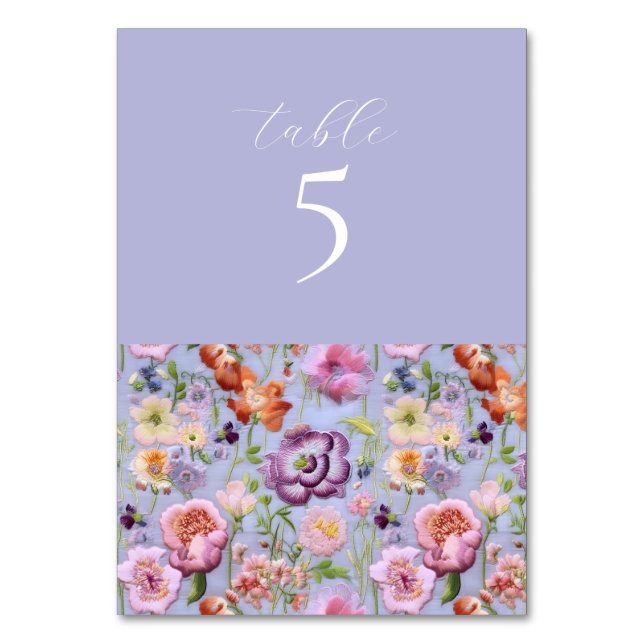 Lila Blommigt Embroized Bröllop Bordsnummer (Framsidan)