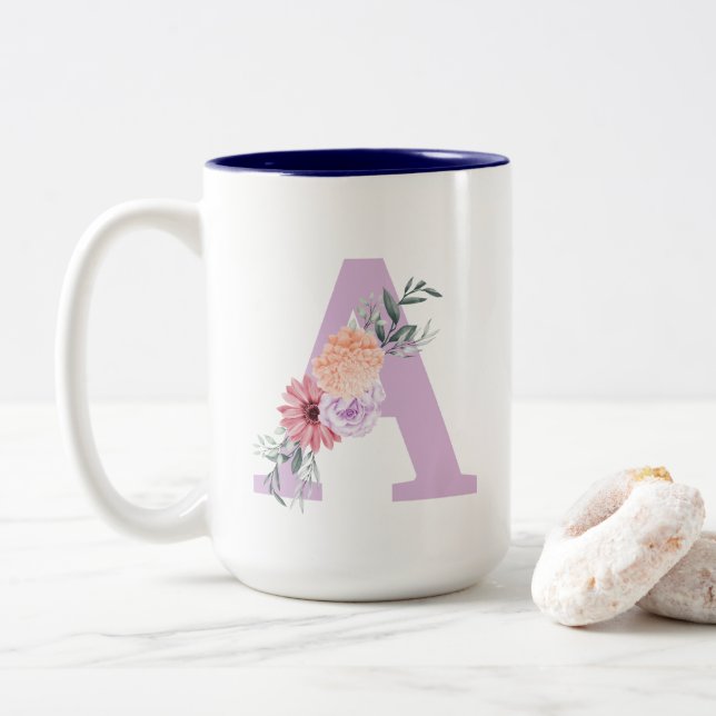 Lila Blommigt Enkelt minimalt Monogram kaffe Mugg (Med munk)
