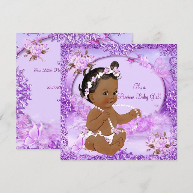 Lila Blommigt Etnik för Precious Girl Baby Shower Inbjudningar (Fram/baksida)
