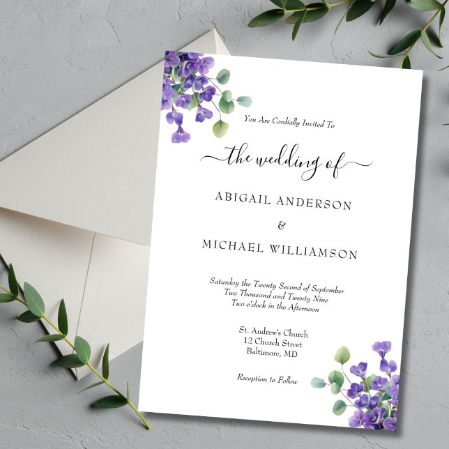 Lila Blommigt Eucalyptus Greenery Elegant bröllop Inbjudningar (Purple Floral Eucalyptus Watercolor Elegant Wedding invitation)