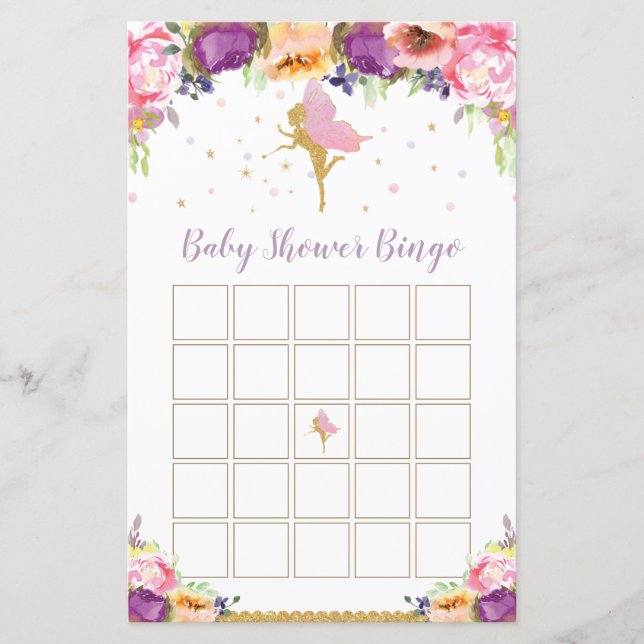 Lila Blommigt Fairy Baby Shower Bingo Game (Framsida)