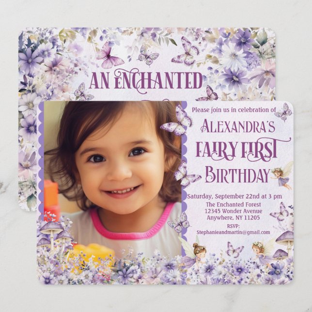 Lila Blommigt Fairy First Photo Birthday Inbjudningar (Fram/baksida)