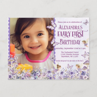 Lila Blommigt Fairy First QR Code Photo Birth Inbjudan Vykort