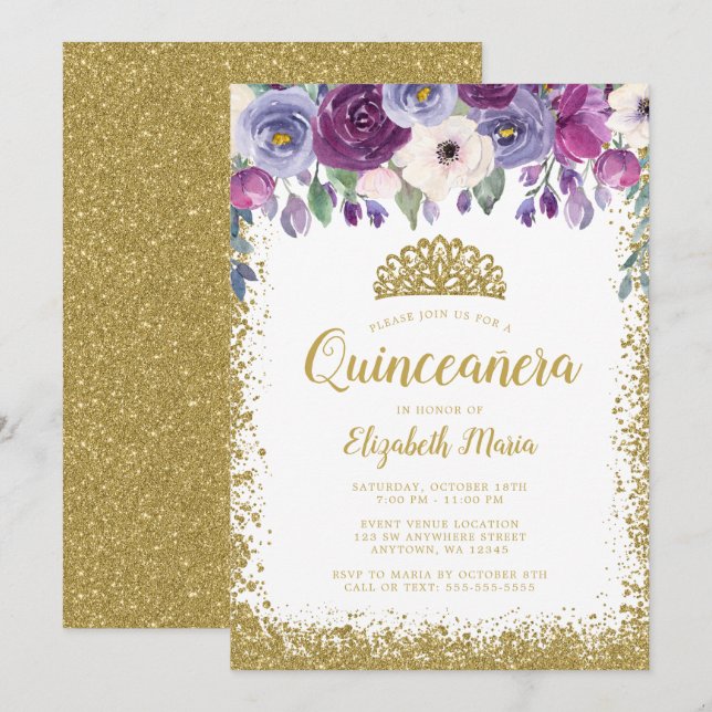 Lila Blommigt Faux Guld Glitter Tiara Quinceanera Inbjudningar (Fram/baksida)