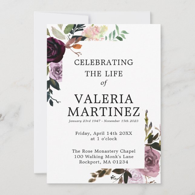 Lila Blommigt Firande i Life-begravningsprogrammet Inbjudningar (Framsida)